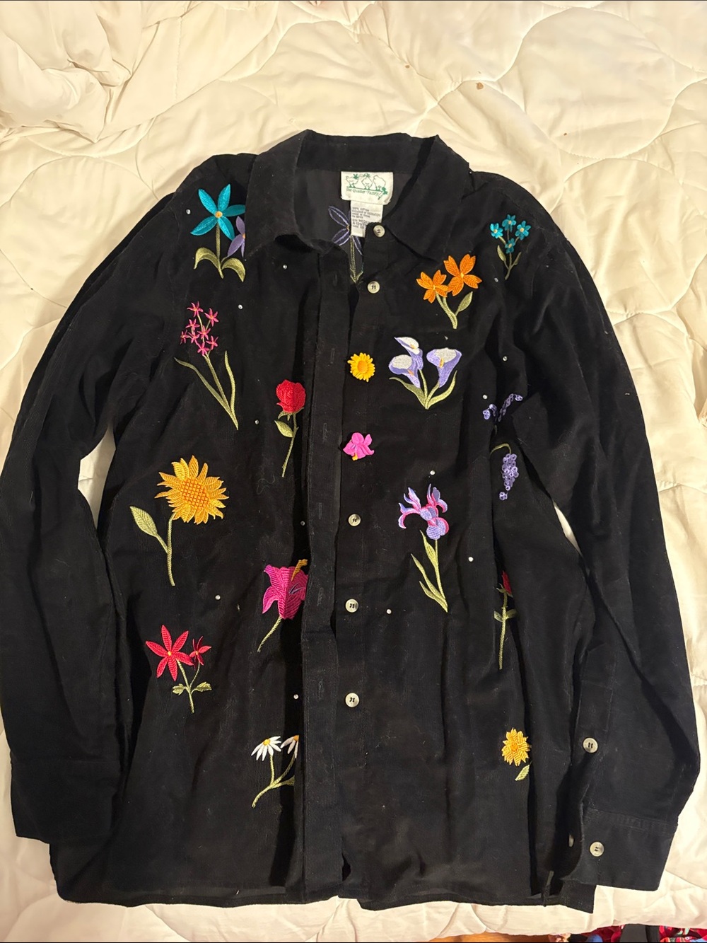 The Quacker Factory Corduroy Button Down with Floral Embroidery